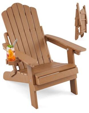 Costway Outdoor Folding Adirondack Chair with Cup Holder and 5-Level Backrest-Coffee