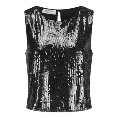 Shirttop NICOWA "TOSKALO", Damen, Gr. 38, schwarz, Obermaterial: 98% Polyester PES. 2% Elasthan EL., uni, regular fit, Rundhals, Tops Shirttop, funkelnden Paillettenmaterial