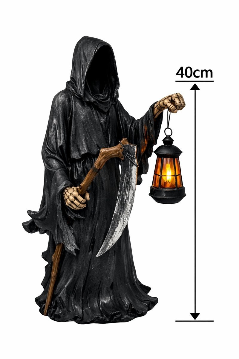 Magere Hein Beeld met Werkende Lantaarn - Grim Reaper Beeldje voor Halloween & Gothic Decoratie - Polystone - Hoogte: 40 cm