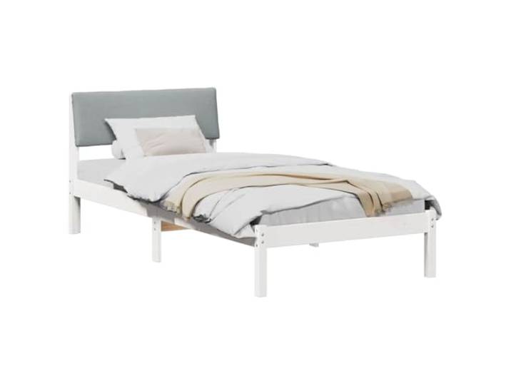 KTHLBRH Bettgestell, Weiß und Hellgrau, 90 x 190 cm Massives Kiefernholz, gepolstertes Kopfteil, zeitgenössisches Design, robuste Basis