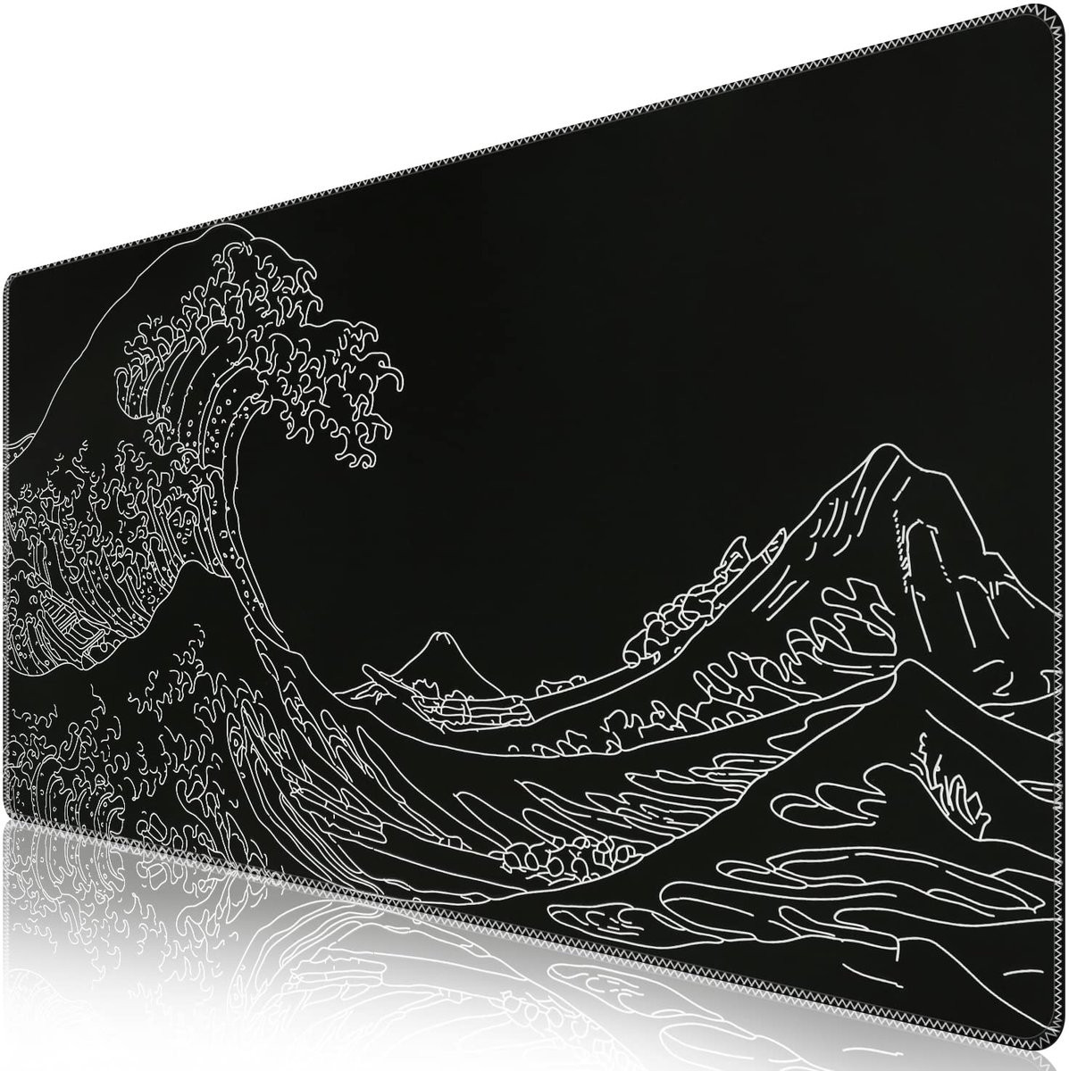 Gaming-muismat XXL Black Wave of Kanagawa - Grote rubberen bureauonderlegger met gestikte randen