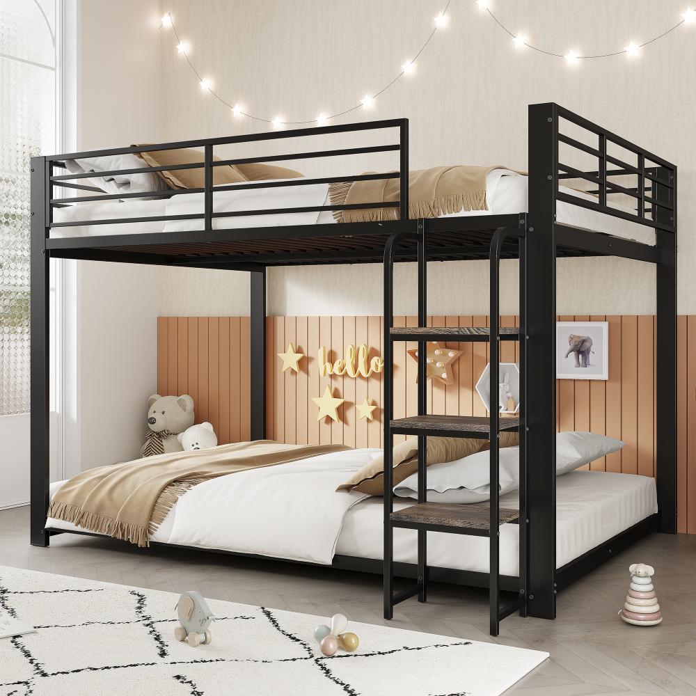 AIORBER Metall Etagenbett 140x200 cm Doppelbett mit Holzstufen Treppe Rausfallschutz Stabil für Kinder Jugendliche, Schwarz