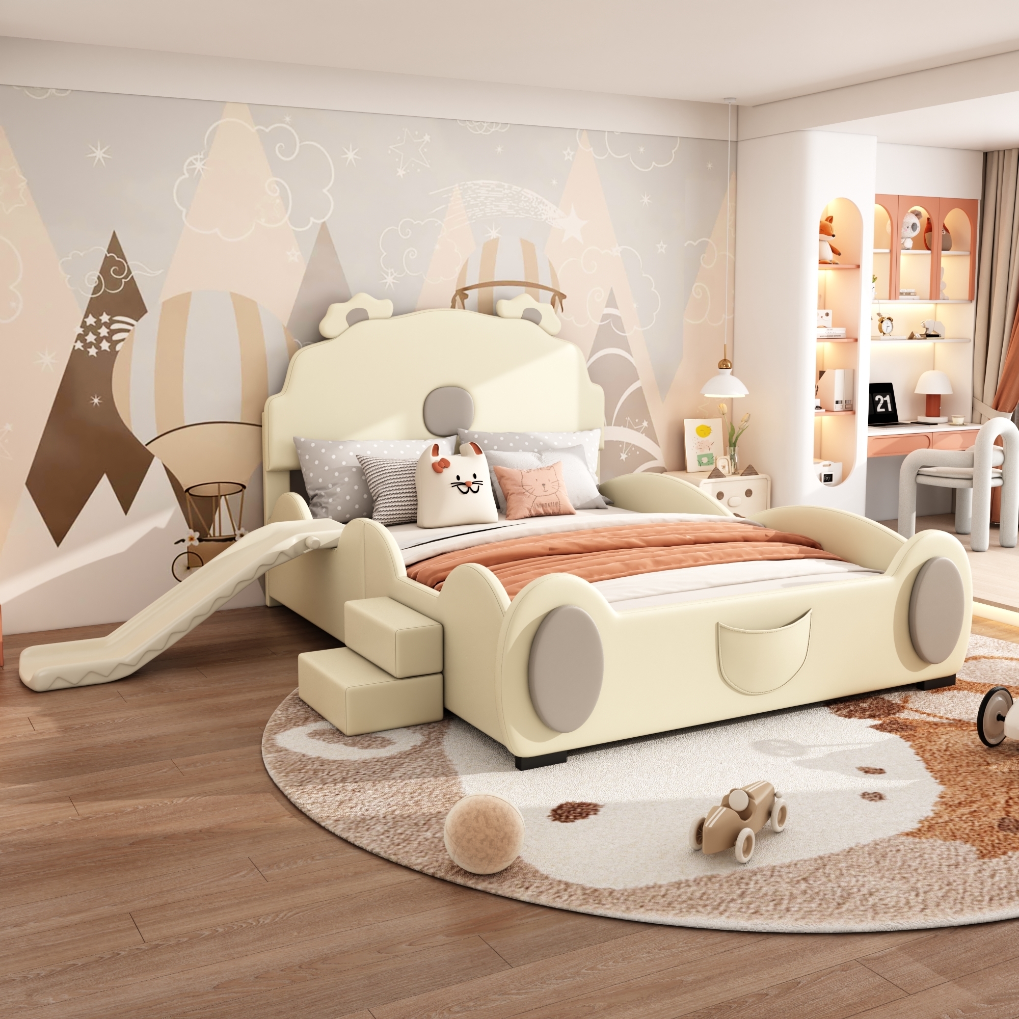 Sweiko 140x200cm Cartoon Bett, Kinderbett, Bärenbett, ausgestattet mit Rutsche und Leiter, PolyurethanMaterial, leicht zu reinigen, niedliche Form, Beige