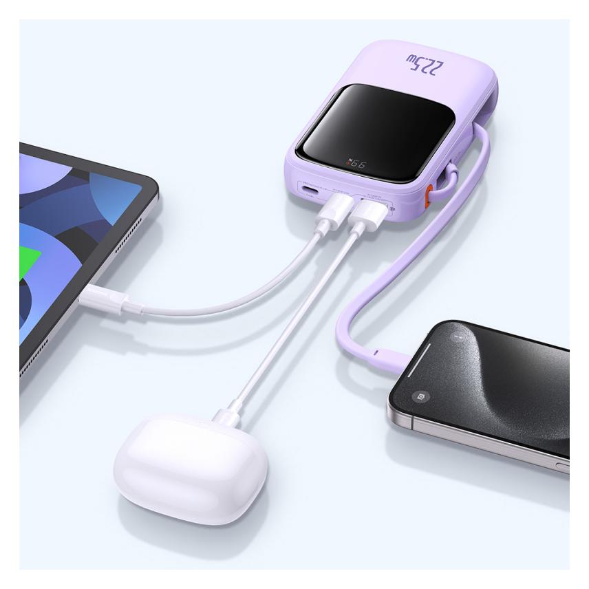 Baseus Qpow Pro+ 10000mAh 22,5W Powerbank mit integriertem USB-C-Kabel und Display - Lila (10000 mAh, 22.50 W) (6932172652456)
