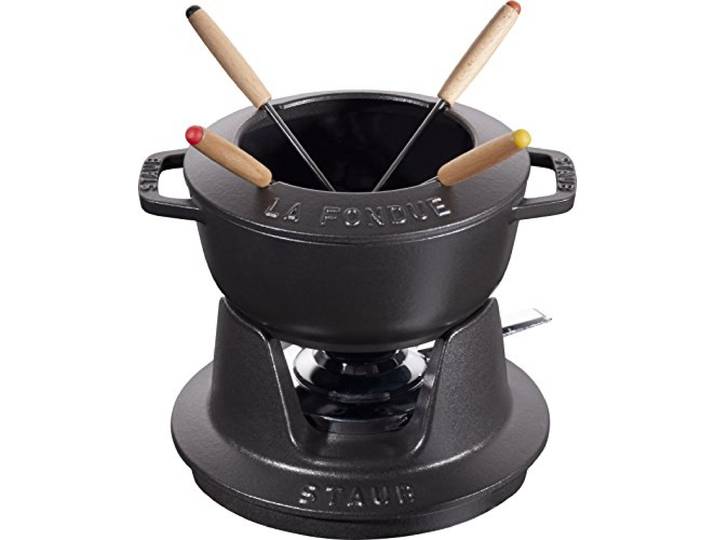 STAUB Fondue Set mit 4 Gabeln, Gusseisen, 16 cm, 1,1 l, Für Käse- Schoko- und Fleisch-Fondue, Made in France, Schwarz