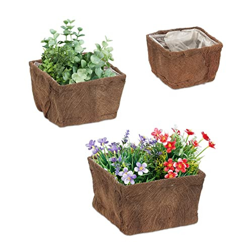 Relaxdays Bloempot set van 3, Bruin, Rustiek, B/D/H: 23,5 x 23,5 x 23,5 cm