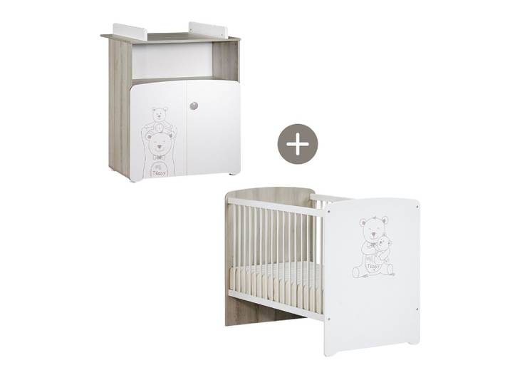 Duo lit bébé 120x60 et Commode à langer - TEDDY - bois blanc - BABYPRICE