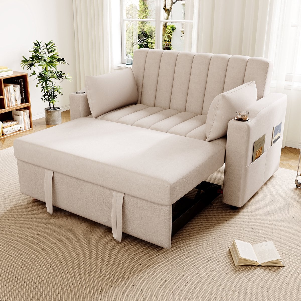 STILVORA Slaapbank met verstelbare rugleuning en bekerhouder, Beige, inclusief sierkussens