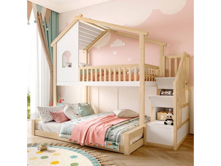 Lit Superposé 90x200cm + Lit Double 140x200cm Lit Enfant avec éChelle de Rangement Lit Cabane Pin Naturel + Blanc