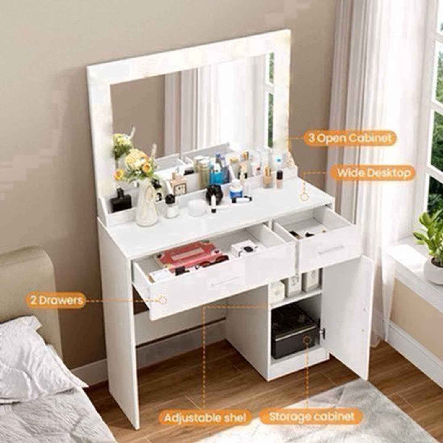 Zwarte Makeuptafel met Grote Spiegel, 2 Laden en Kast voor Slaapkamer of Home Office