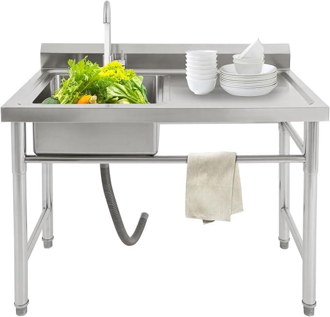 Freistehende Spüle 100x60x93cm, Edelstahl Spültisch mit 360° Armatur, Outdoor Spüle für Küche Wäsche Garage