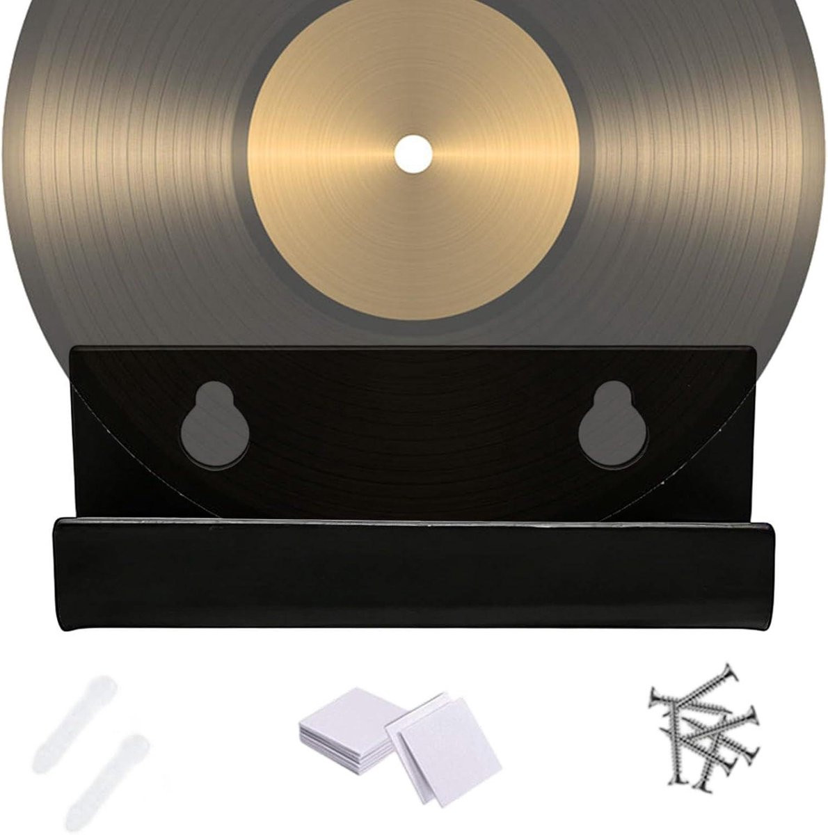 Zwarte zwevende platendisplay muurplank voor albums met gereedschapsvrije montage, 10 cm