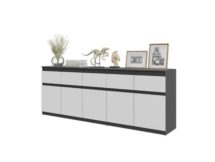 Commode NOAH - 5 Tiroirs et 5 Portes - H75 cm x L200 cm x P35 cm (Anthracite / Blanc Matt)