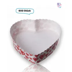 Papier-Backformen Herz weiß-rot, 600 Stück, 135x135x35mm, 420ml, Backofen geeignet, aluminiumfrei