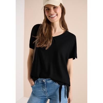 Kurzarmbluse CECIL, Damen, Gr. S (38), schwarz, Stoff, 100% Viskose, unifarben, klassisch normal, V-Ausschnitt, normaler Saum, Blusen, mit Knotendetail am Saum