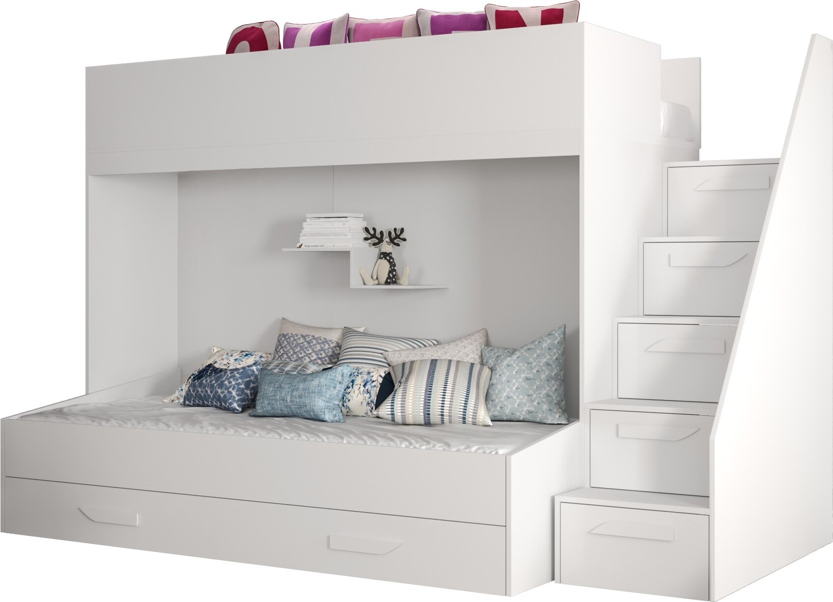 Etagenbett für Kinder Party 16 Stockbett mit Treppe und Bettkasten (Weiß + Weiß Glanz + weiße Griffe)