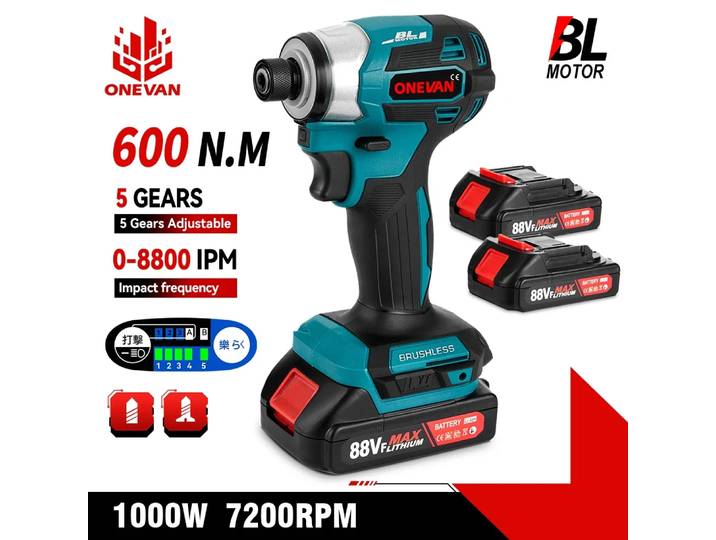 ONEVAN – tournevis électrique sans balais 600N.m, Kit de tournevis à percussion électrique sans fil à 5 vitesses, outil de perçage pour broche de batterie Makita 18V