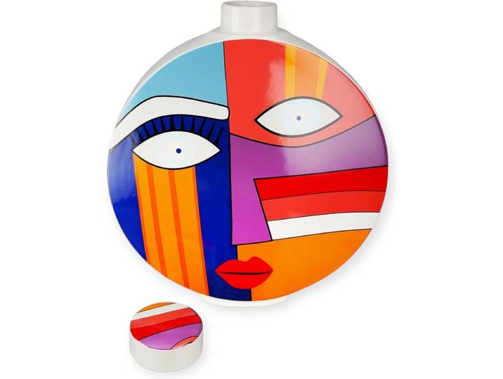 Gilde Handwerk - Vaas - Graphic Face -Grafisch gezicht motief - Multicolour - 7.5x29x34.5cm