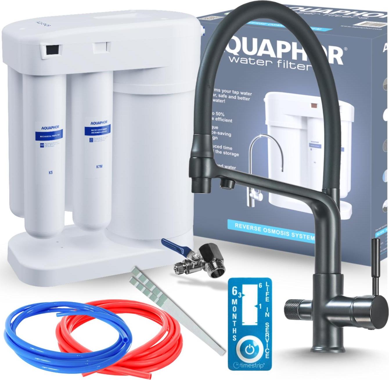 Wasserfilter Set Aquafor Morion mit 3-Wege Küchenarmatur Ari Schwarz, Umkehrosmose, ausziehbare Brause