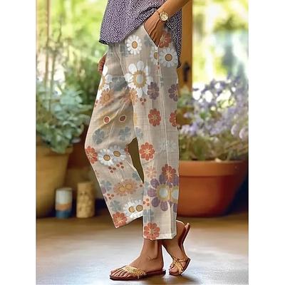 Damen Leinenähnliche Hose Hosen Gerade Urlaub Mode Streetwear Voll Länge Mittlere Taille Floral Graphic Tasche Elastischer Bund Druck Bequem Komfort Atmungsaktiv Unelastisch Alltag Outdoor Alltag