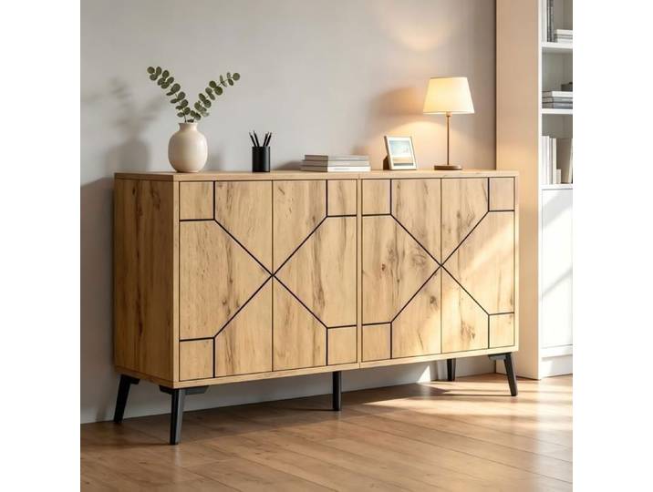 Buffet bas - WESTYLE - 120x35x69 cm - 4 portes push - Motif géométrique - Pieds métal noir