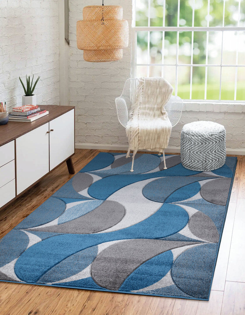 Metro Branca Geometric Shaggy Area Rug Blue/Grey Rectangle 200 x 290cm