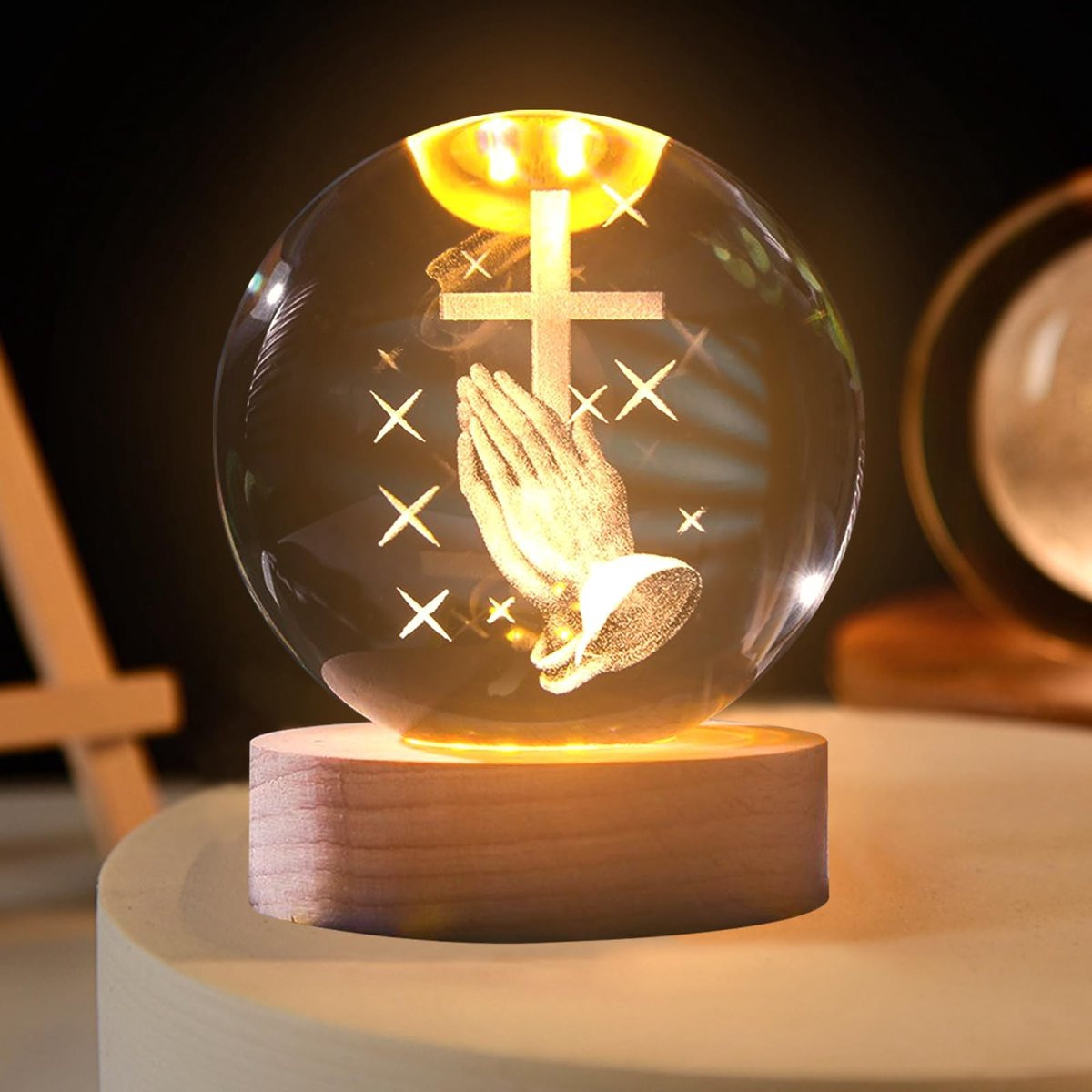 Omgoods 3D Kristallen Nachtlamp met Houten Basis en LED-verlichting