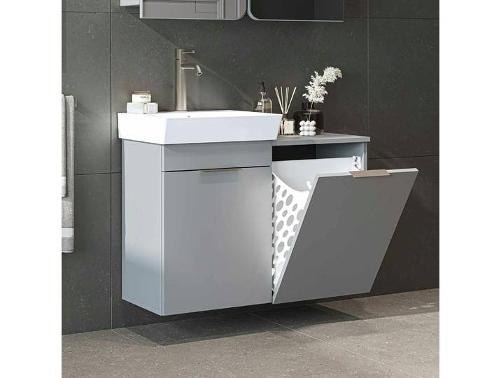 Vasque suspendue + meuble panier à linge NESSA - Gris