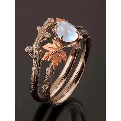 Von der Natur inspirierter Mondstein-Ahornblatt-Zweigring – Vintage-Boho-Verlobungsring für Frauen, einzigartiger Schmuck für Hochzeiten und Geschenke