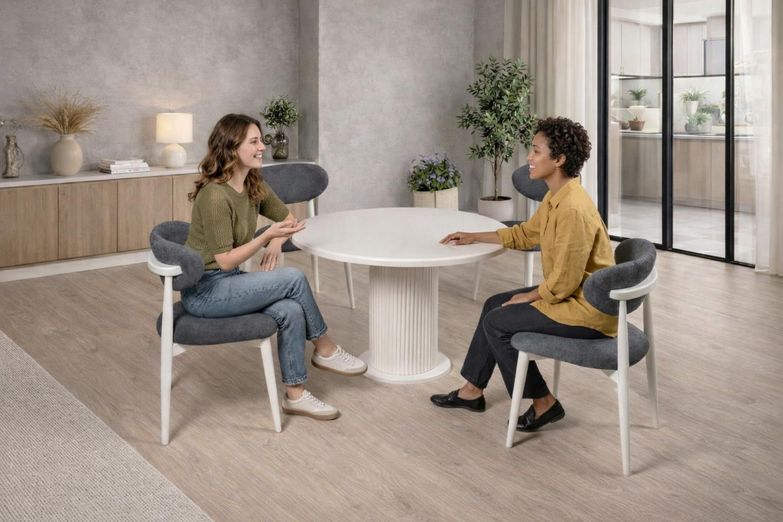 JVmoebel Moderne Witte Eetkamerstoel met Houten Onderstel en Stofbekleding