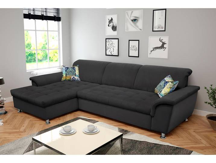Ecksofa, Flachgewebe, Grau 278×171 cm, Mit Kopfteilverstellung, Modern, Domo-Collection