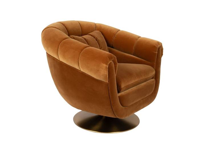 Fauteuil lounge en coton marron, base pivotante, structure bois,