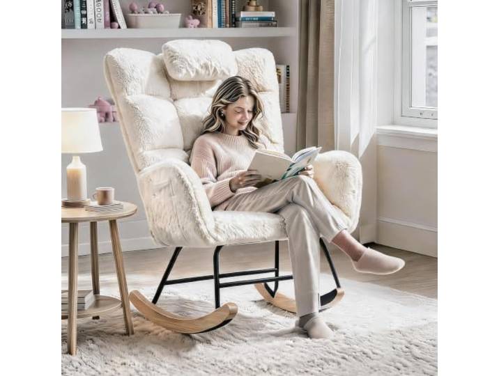 GarveeHome Schaukelstuhl Mit Kopfstütze, Hohe Rückenlehne,Weiß Hohe Rückenlehne, breite Armlehnen, Wippbasis – ideal für Schlafzimmer, Büro oder Babyzimmer.