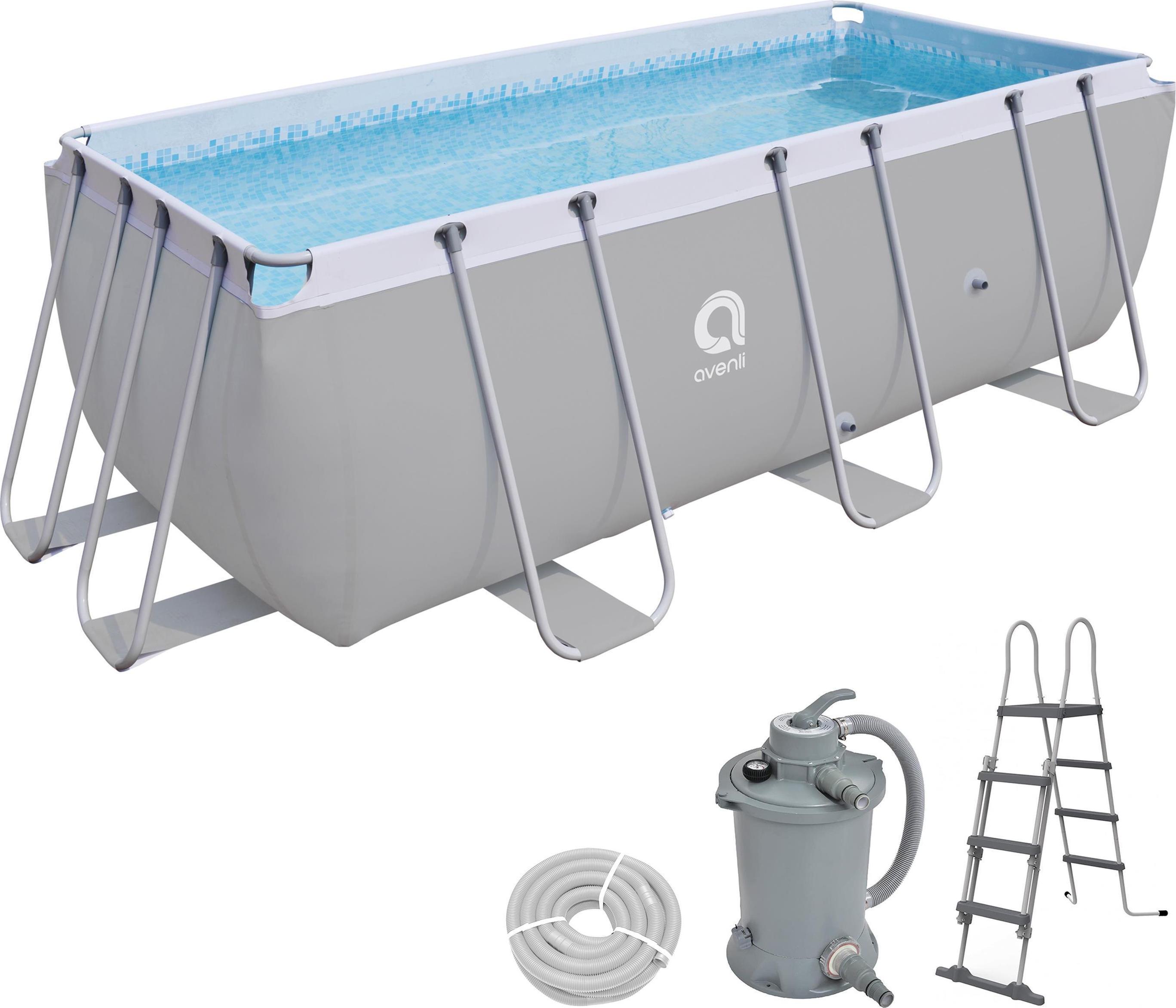 Avenli Frame Rectangular Pool Set 400 x 207 x 122 cm, rechteckiger Stahlrahmen Pool mit Sandfilterpumpe und Leiter, grau