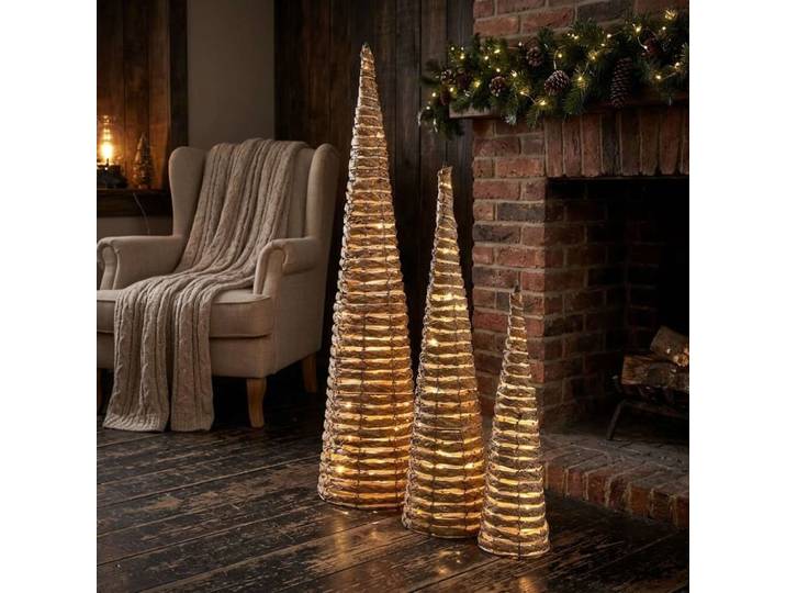 Ensemble 3 décorations de noël lumineuses en rotin marron 20x20x80 cm