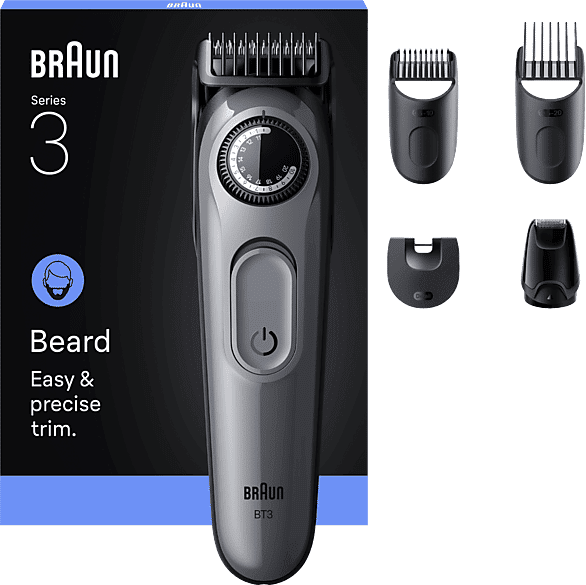 Barbero - Braun Series 3 BT3560, 4 cabezales para barba, 40 ajustes de longitud, Lámina ultra afilada, Gris