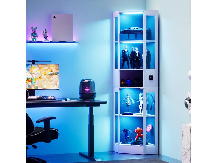 Vitrine 57x40x165 Cm Blanche En Mdf Et Verre Avec Led Tricolore\, Capteur De Mouvement Et Portes En Verre