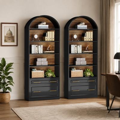 BLUEBELL 76-inch Tall Arched Bookshelf with Drawer for Living Room Bedroom - 2 Pack