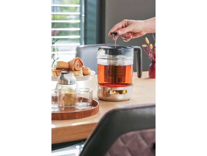 GEFU Teekanne T-PREP 1,5l mit Stövchen - Teebereiter aus Borosilikatglas Glaskanne mit Edelstahlfilter & Brüh-Stopp-Funktion, hitzebeständiger Teekocher für losen Tee & Aromaschutz-Deckel