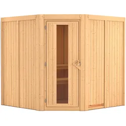 Karibu Sauna Jarin mit Eckeinstieg 68 mm-Ohne Ofen-ohne Dachkranz- Isolierte Saunatür inkl. gratis Zubehörpaket im Wert von 126,96€