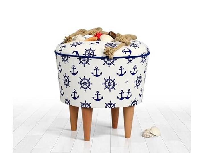 Atelier Del Sofa Stilvoller Pouf mit Holzbeinen, 42 cm hoch, 100% Mikrofaser, orthopädischer Schwamm (6 cm) Blau & Weiß, perfekt für Kinderzimmer und Spielbereiche