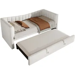 OKWISH Polsterbett 90x200 mit Ziehbett, Tagesbett mit Ausziehfunktion, Samtbett Sofa Bett, platzsparend, stabil und komfortabel Weiß