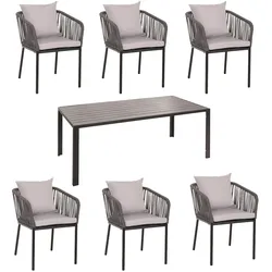 PROREGAL Gartengarnitur Tisch+6xStuhl wetterfest Alu 180x80cm Seilgeflecht Rope Anthrazit Kissen Grau