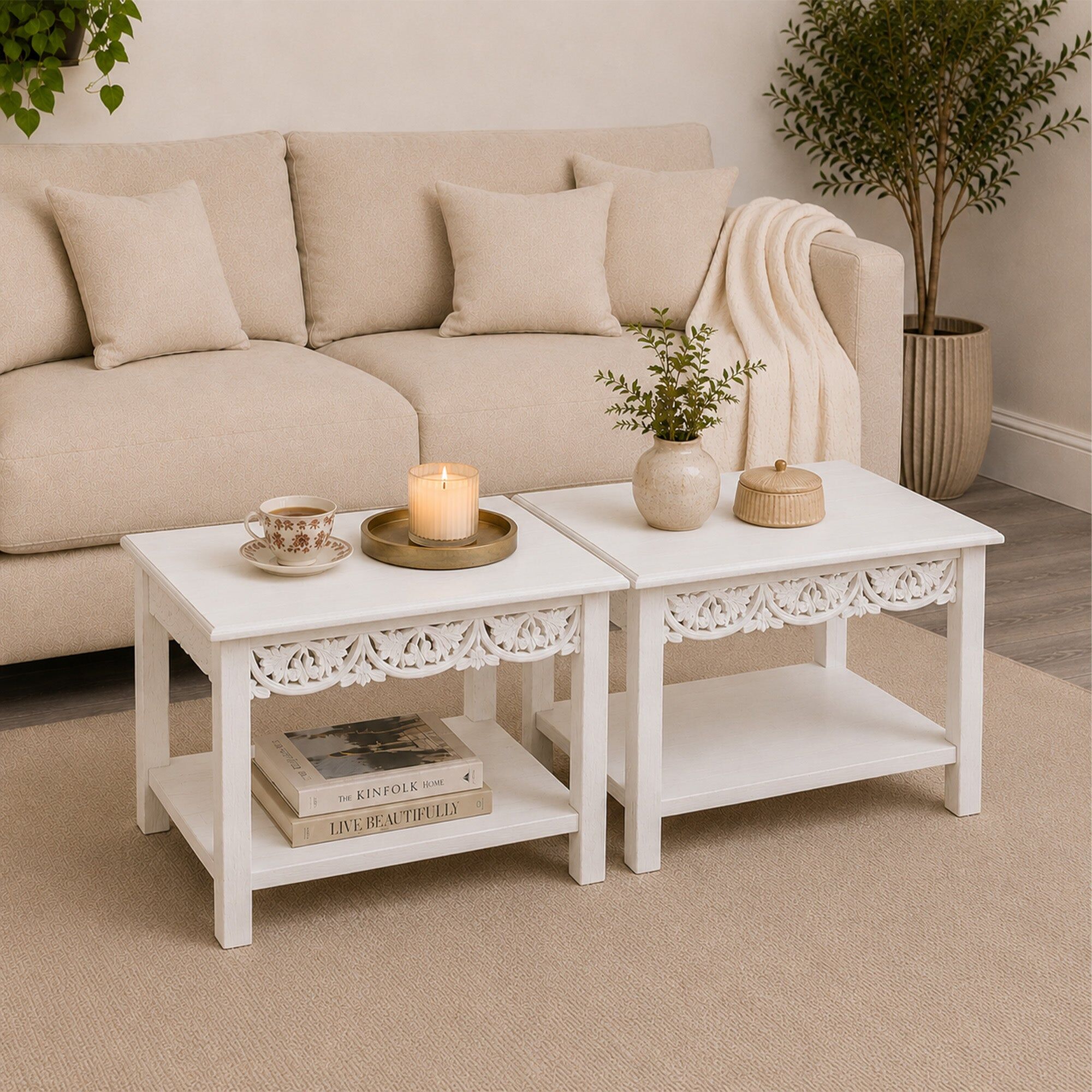 Pair of Bohemian White Distressed Mango Wood Side / Coffee Tables - Freya White Range Wood, Metal