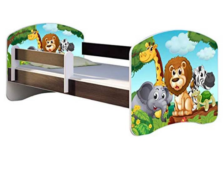 ACMA Kinderbett 180x80 Jugendbett mit Matratze, Farbe Wenge, Rausfallschutz Lattenrost II Spielbett Kinderzimmer Möbel, 02 Animals