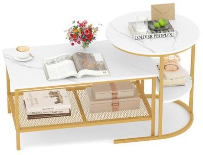 Costway Coffee Table 2-Tier Rectangle Coffee Table and Side End Table with Storage Shelves-White and Golden