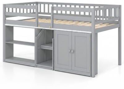 Costway Twin Size Loft Bed with LED Lights and Kids Wooden Bed Frame-Gray
