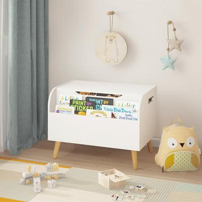 Kodotan sofa Wooden Toy Box, Kids Toy Storage Organizer with Front Bookshelf, Flip-Top Lid, Safety Hinge, Boys Girls Toy Chest Bench