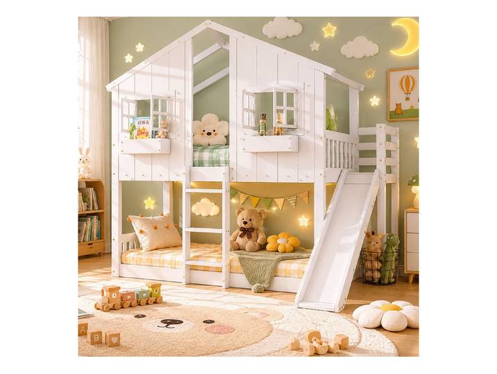 KLAM HOME Etagenbett Spiel-Etagenbett mit Rutsche, Dach und Fenster aus Kiefernholz (Kinder Etagenbett 90x200cm mit Fallschutzgitter & dreistufiger Leiter), Weißes Hochbett mit freiem Unterraum für Spiel und Stauraum