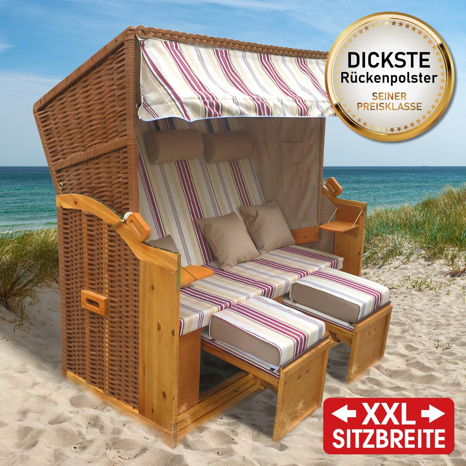 Brast XXL Strandkorb 3-Sitzer USEDOM rot/beige gestreift
